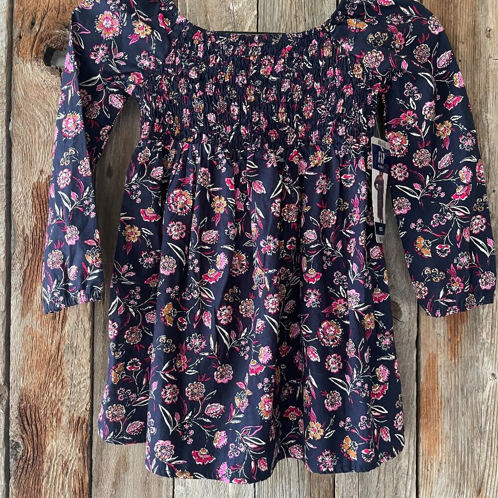 Gap Kids Factory Smocked‎ Print Dress Navy Blue Floral NWT XS 4/5